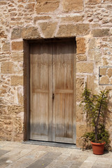Fototapeta na wymiar wooden door in stone wall and flowerpot, mediterranean style