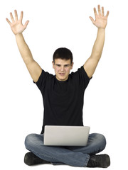 raised arms man using laptop