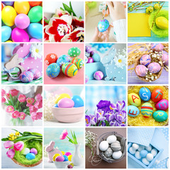 Different Easter eggs with wooden rabbit and spring flowers in collage