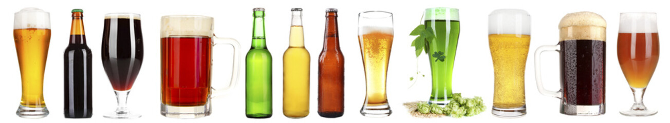 Different types of beer in glasses and bottles, isolated on white