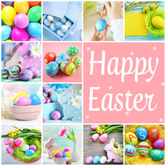 Different Easter eggs with wooden rabbit and spring flowers in collage