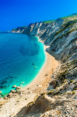 Famous Platia Ammos beach in Kefalonia island, Greece. The beach was affected by the earthquake in the spring of 2014 and it is very difficult to go down on the beach.