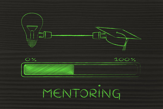 graduation caps & lightbulb connected by plug, mentoring