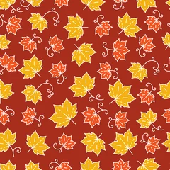 Gordijnen Maple leaf pattern. Autumn seamless pattern in trendy mono line style. Elegant autumn leaves isolated on a burgundy background © Decobrush