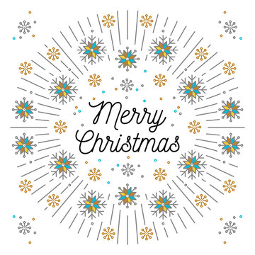 Merry Christmas lettering, elegant frame with snowflakes in trendy mono line art  style. Christmas flyer made in line style vector. Elegant Happy New Year text in a frame, vector illustration
