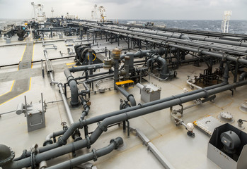 Cargo deck of oil product carrier.