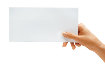 Woman's hold envelope isolated on white background. Close up