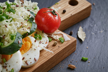Healthy food and ingredients with tomato, cucumber, cabbage, gre