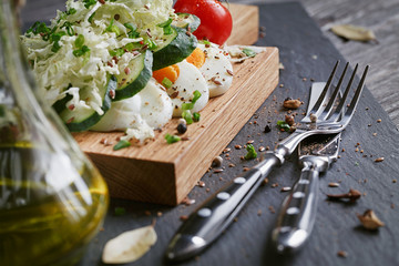 Healthy food and ingredients with tomato, cucumber, cabbage, gre