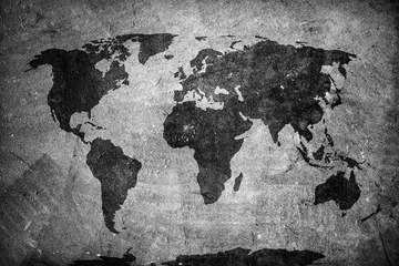 Rolgordijnen Wereldkaart Retro wereldkaart op beton, gips muur. Wijnoogst, grungeachtergrond.