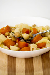 Vegetable soup with pasta, carrots and chickpeas