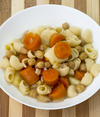 Vegetable soup with pasta, carrots and chickpeas