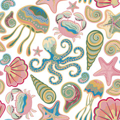 Colorful under water world wallpaper with crab, octopus, jellyfish, star fish and others
