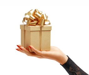 Women's hands holding gift box isolated on white background. High resolution product