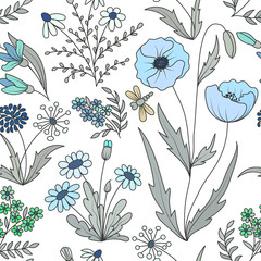 Beautiful vintage seamless pattern with colorful wild spring flowers on a white background. Wild poppy, daisy, dandelion, forget-me. Vector illustration. Violet lilac green