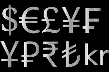 Obraz premium Silver Currencies Symbols Dollar Euro Pound Yen Swiss Franc Yuan Ruble Rupee Turkish Lira Krone 2