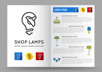 Catalog store lamps or bulbs. Brochure Flyer design template with flat lamps icons. Logo with image lamp and light. Designed by store lamps. Outline lamp icon, thin line style, flat design, vector