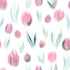 Elegant seamless pattern with oil painted red tulip flowers, design elements. Floral for wedding invitations, greeting cards, scrapbooking, print, gift wrap, manufacturing
