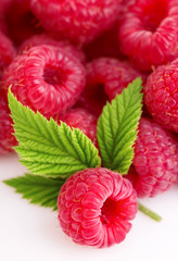 Ripe raspberries with leaves close-up as a background