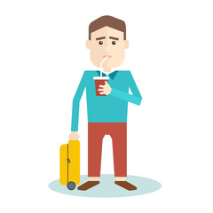 Travelling with a suitcase and a cool drink in hand. illustration in a flat style.