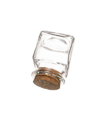 Closed transparent empty jar closed with cork bung, isolated ove