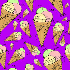 Mixed ice cream scoops with cone. Seamless background pattern