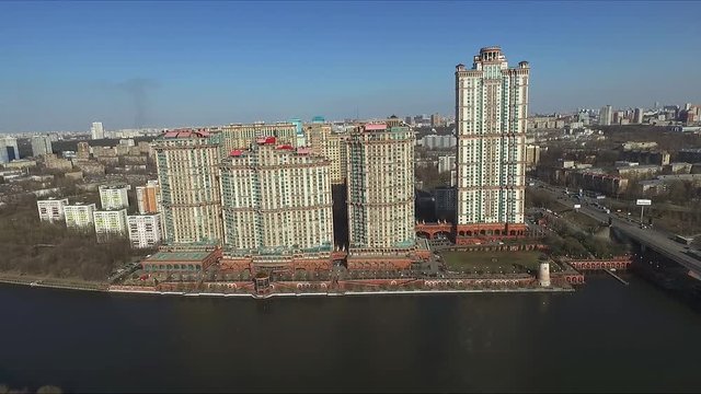 Aerial view of Moscow. Residential complex Alye Parusa over Moskva River. Moscow, Russia.