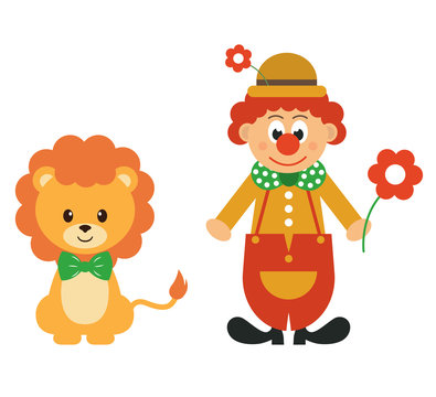cartoon lion and clown with flower