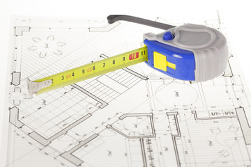 architectural blueprint - house plan & tape measure