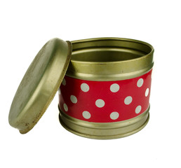 Close-up various metal and white tin can on white background separated shot. Include clipping path in both object / Metal round box on a white background red color with white dotes