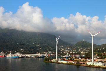 Water area of port and wind generators. Victoria, Mahe, Seychelles