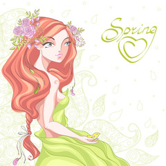 Pretty girl with long curly hair braided in a braid and a wreath of flowers in her hair. A woman with a bird in the hand in boho style. Hand drawn vector illustration Spring in boho style.