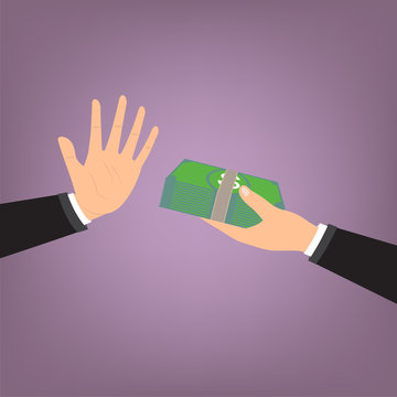 Businessman hand refusing the offered bribe . Vector illustration.