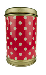 Close-up various metal and white tin can on white background separated shot. Include clipping path in both object / Metal round box on a white background red color with white dotes