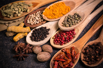 spices and herbs on wooden table , medicinal concept