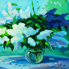 wet fresh bouquet of lilacs, oil painting on canvas, illustratioт