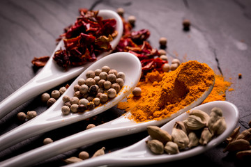 spices and herbs on wooden table , medicinal concept