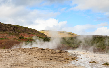 Geysir Geothermal Field.  A sulphur pool at the Geysir Geothermal Field and located in Haukadalur in Iceland.  The tourist attraction is part of the popular Golden Circle tourist trail.