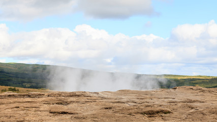 Geysir Geothermal Field.  A sulphur pool at the Geysir Geothermal Field and located in Haukadalur in Iceland.  The tourist attraction is part of the popular Golden Circle tourist trail.