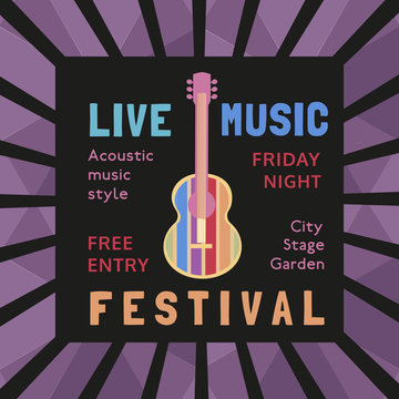 Template Design Poster with acoustic guitar silhouette. Idea for Live Music Festival, music show with guitar. Musical Festivals,  advertisement. Vector illustration.