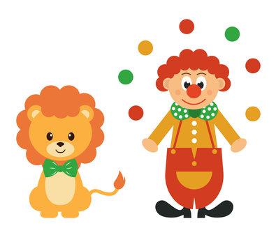 cartoon lion and clown with balls