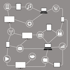 Conceptual picture of connection between gadgets, icons, network
