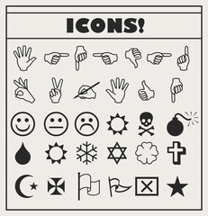 set of vector Universal Outline Icons For Web and Mobile. Smiles, hands, religion, skull, bomb