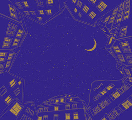 Vector illustration of night city with the stars and the moon