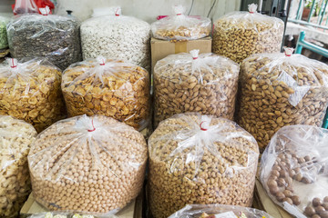 Nuts in bags on the market in Old Jakarta