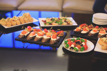 Beautifully decorated catering banquet table with different food snacks and appetizers with sandwich, caviar, fresh fruits on corporate christmas birthday party event or wedding celebration