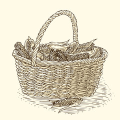 Obraz premium Wicker Basket with Ripe Yellow Corn