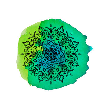 Mandala on the blue watercolor stain. Vector ornament, round decorative element for your design