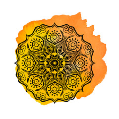 Mandala on the orange watercolor stain. Vector ornament, round decorative element for your design