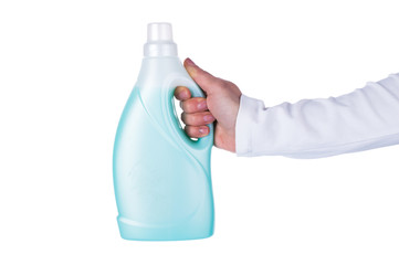 White plastic rinse bottle and laundry detergent in hand on a white background